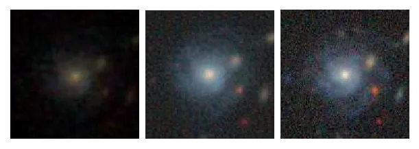 Example 3 of the SDSS image (left), our GAN reconstructed image (center), and the higher-fidelity DECaLS image (right).